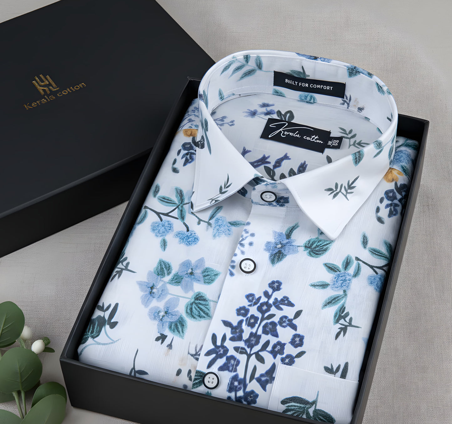New Italian Linen White With Blue Flower Print Shirts For Men