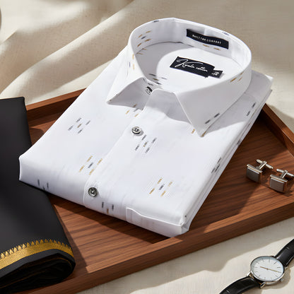 Linen Butta White With Three Lines Printed Shirts For Men