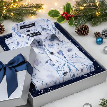 Italian linen White With Blue Flower Print