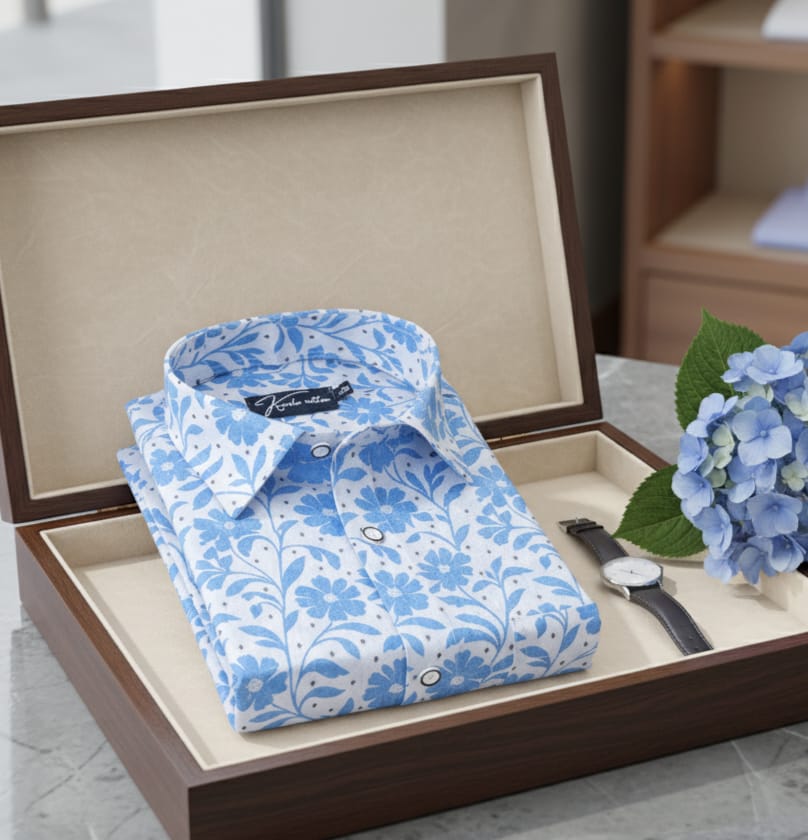 Digital White with Sky Blue Flower Print Shirts for Men