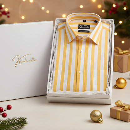 Linen White With Yellow Patta Print Shirts For Men