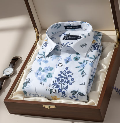 New Italian Linen White With Blue Flower Print Shirts For Men