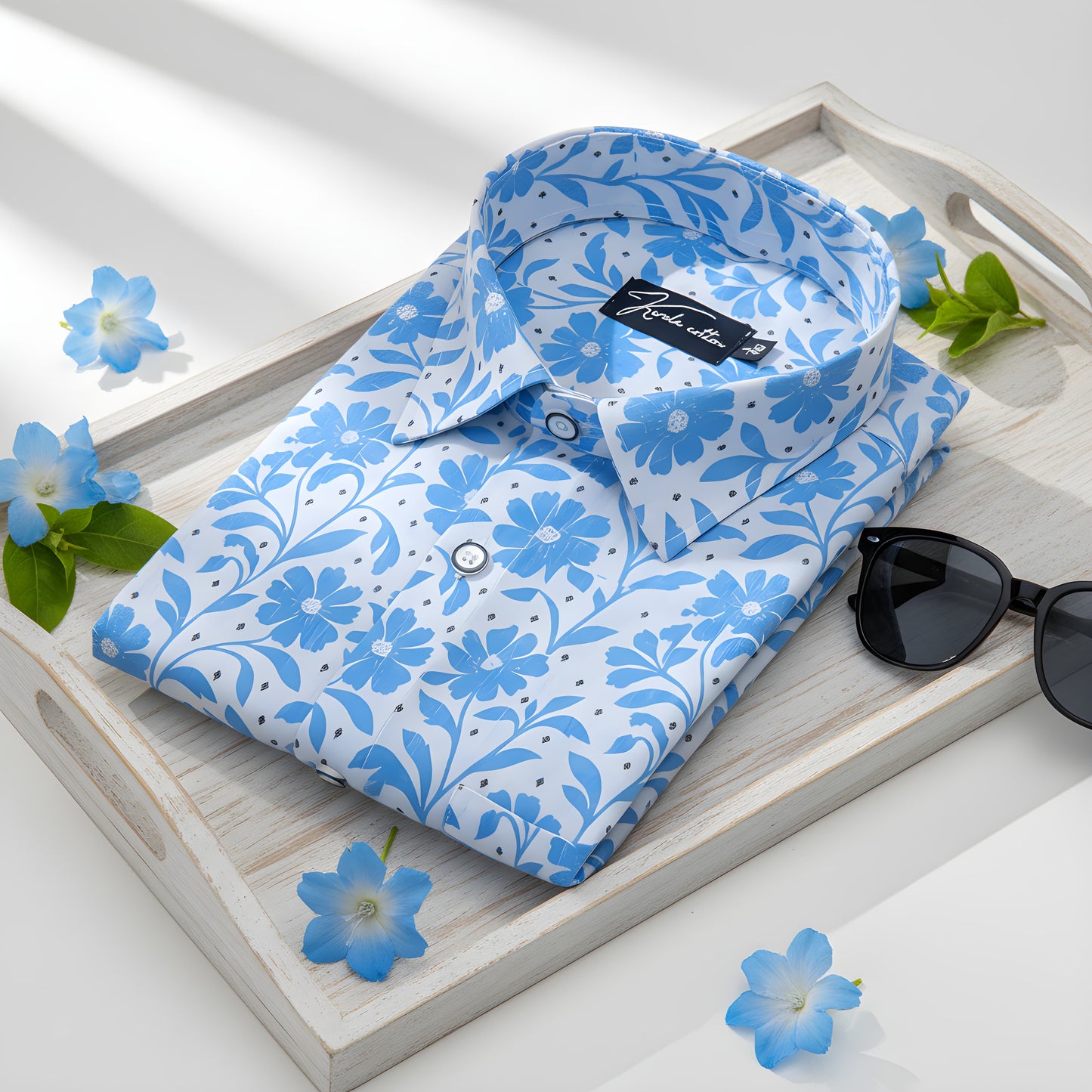 Digital White with Sky Blue Flower Print Shirts for Men