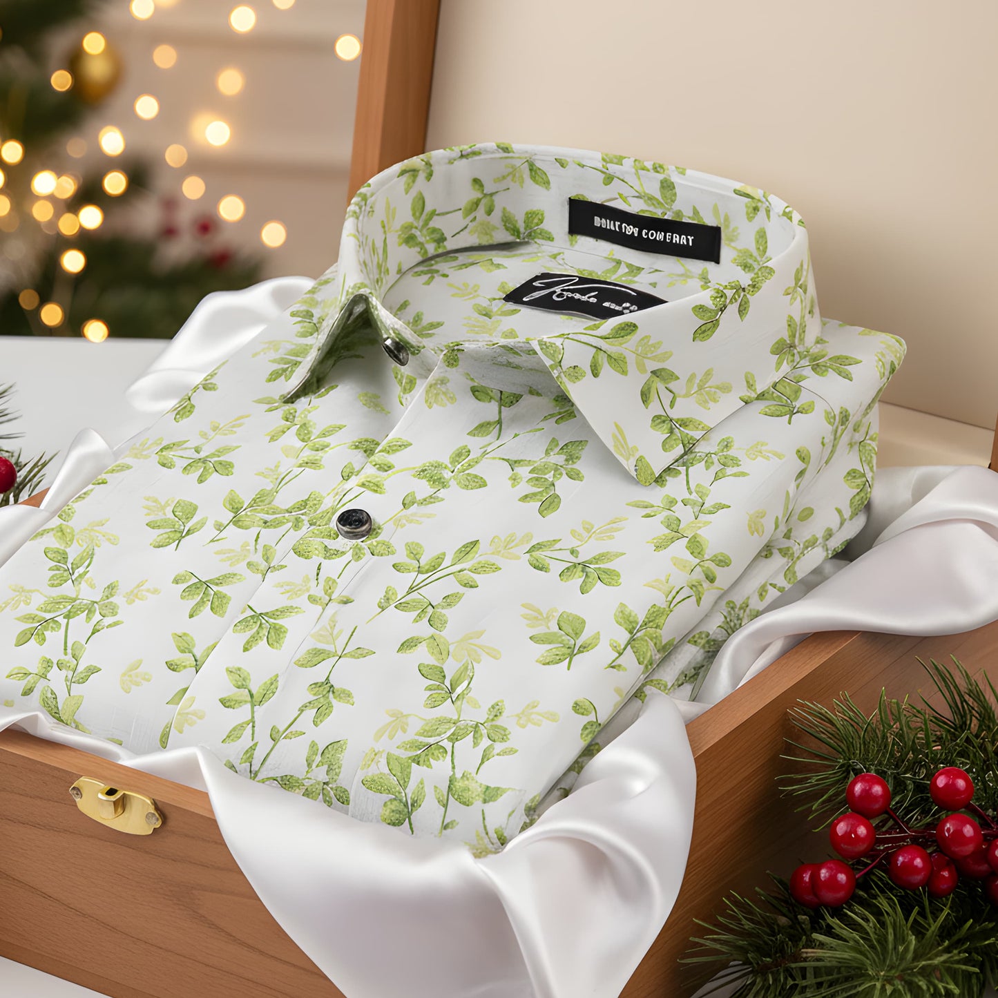 Italian linen White With Green Flower Print