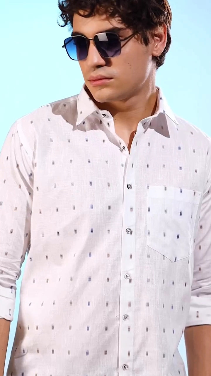 Linen butta white with golden blue rectangle print shirts for men