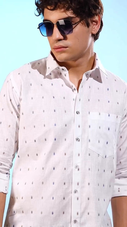 Linen butta white with golden blue rectangle print shirts for men