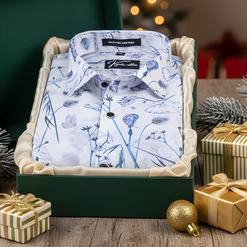 Italian linen White With Blue Flower Print