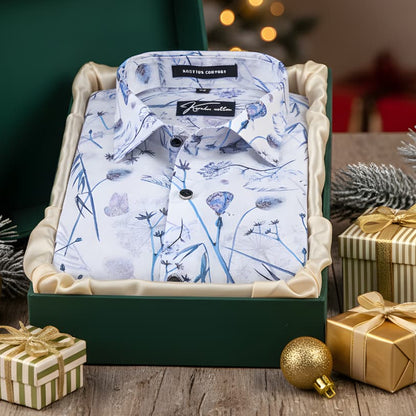 Italian linen White With Blue Flower Print