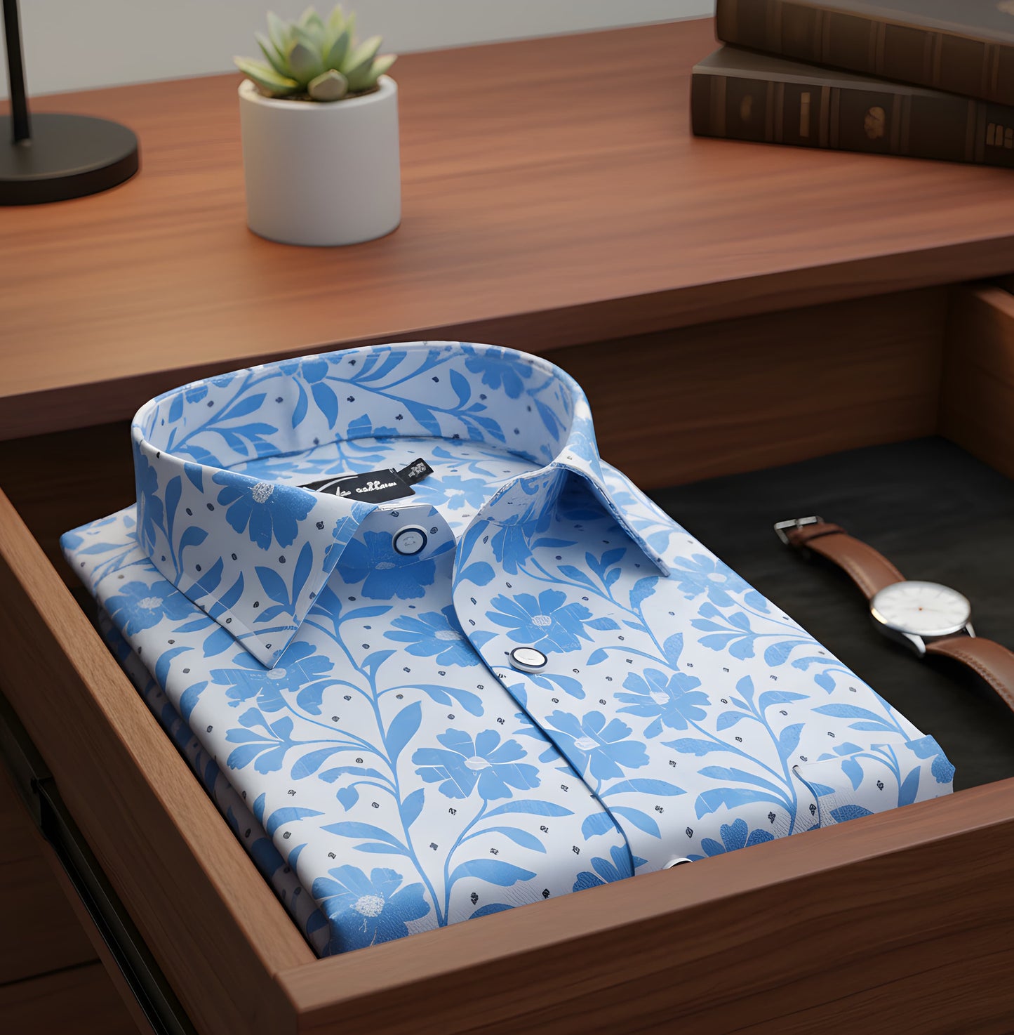 Digital White with Sky Blue Flower Print Shirts for Men
