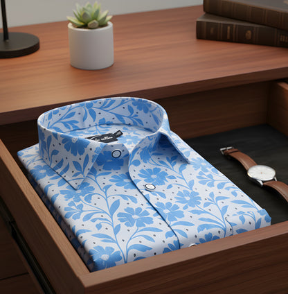Digital White with Sky Blue Flower Print Shirts for Men