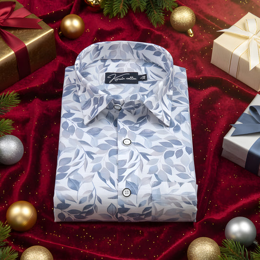 Linen White with Blue Batel Print Shirts for Men