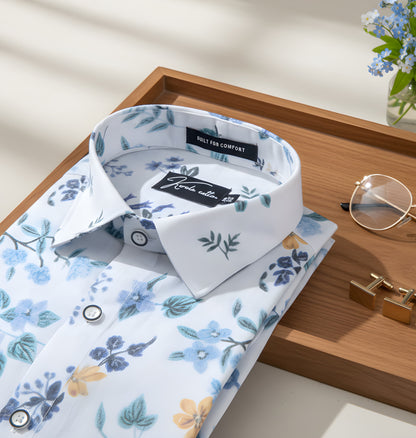 New Italian Linen White With Blue Flower Print Shirts For Men