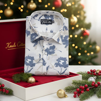 Sidney Linen White With Blue Fone Print Shirts for Men