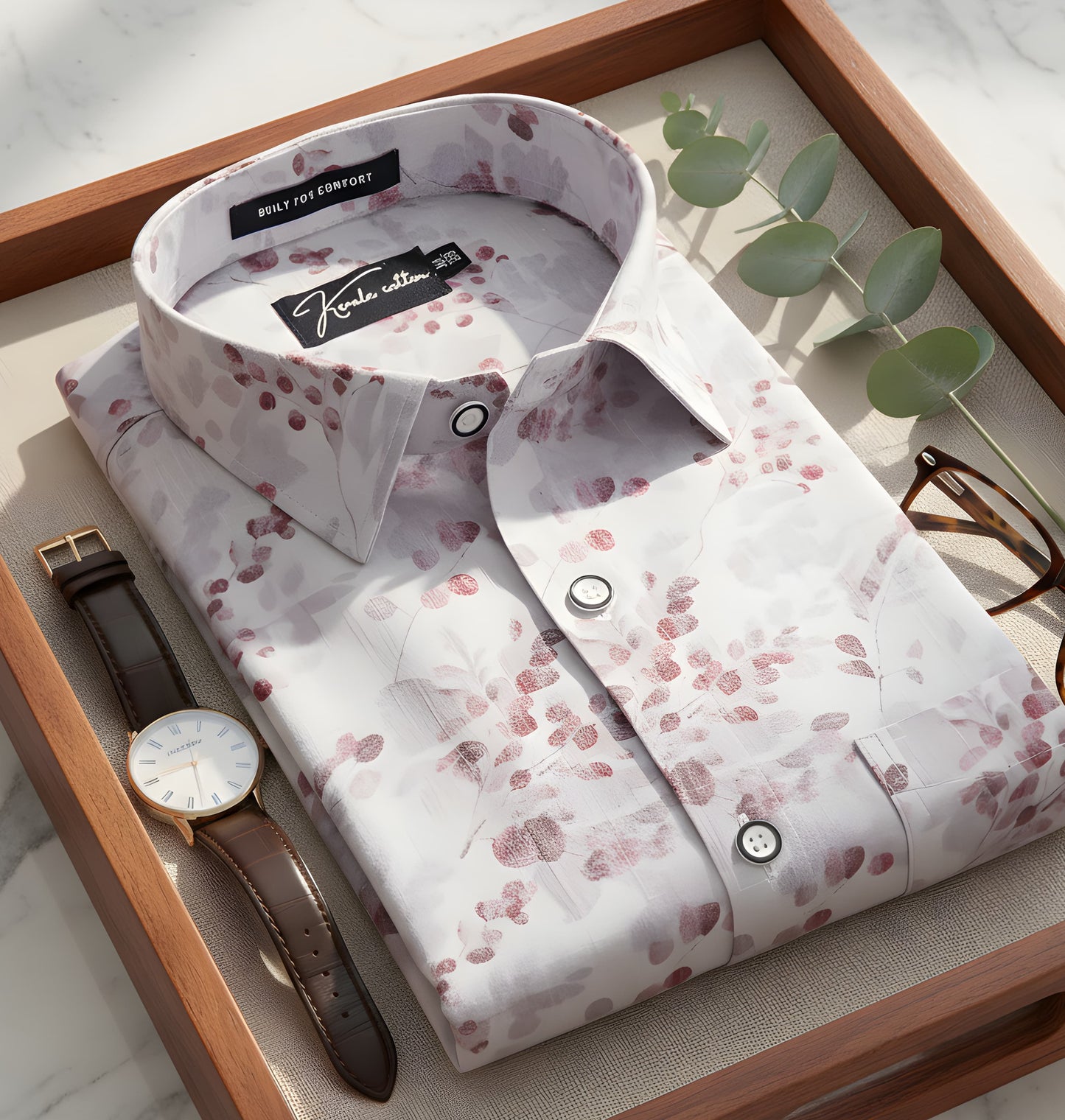 New Italian Linen White With Marun Flower Print Shirts For Men