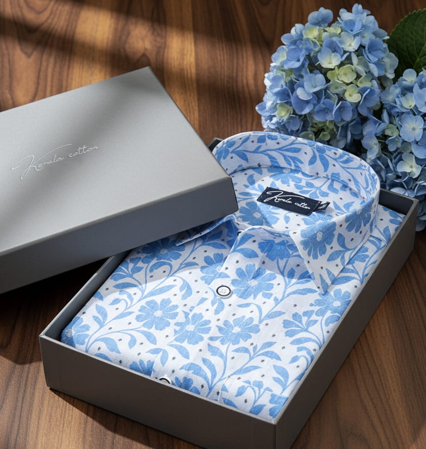 Digital White with Sky Blue Flower Print Shirts for Men