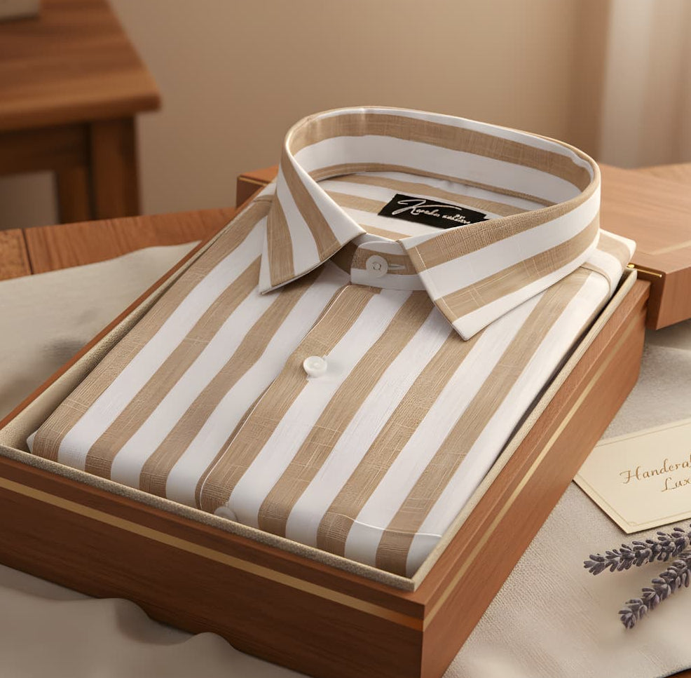 Linen White With Brown Patta Print Shirts for Men