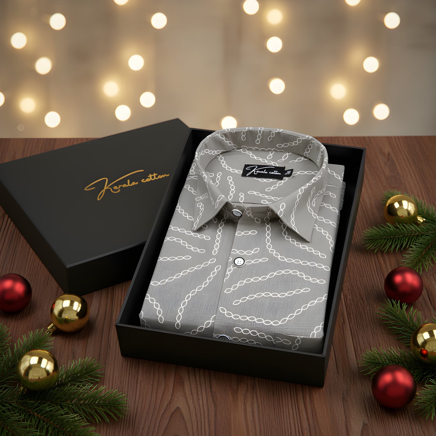 Linen Gray with Cream Chain Print Shirts for Men