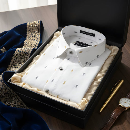 Linen butta white with golden blue rectangle print shirts for men