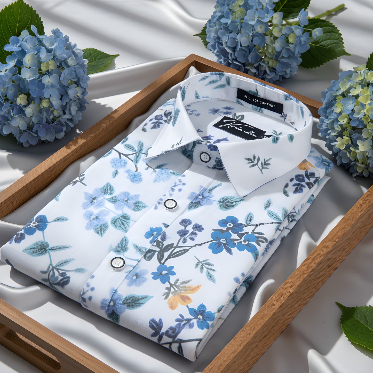 New Italian Linen White With Blue Flower Print Shirts For Men