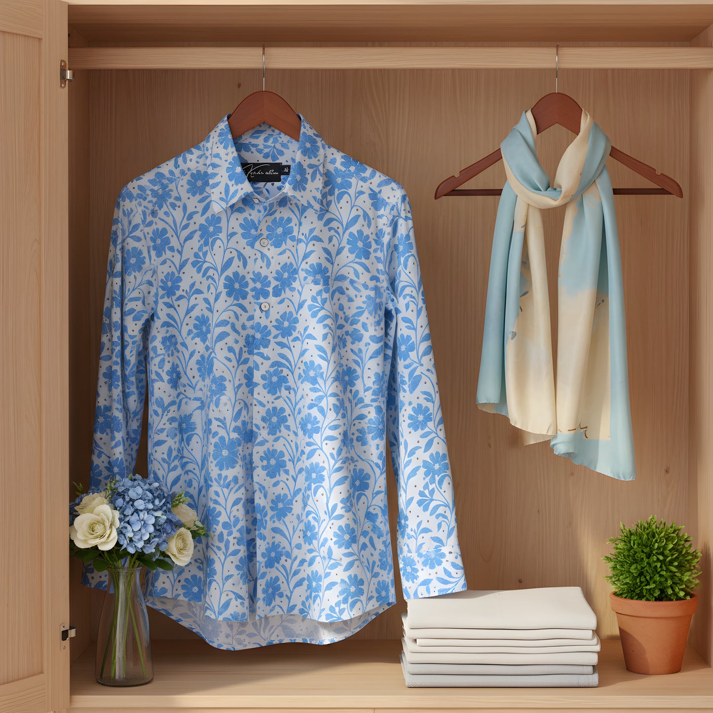 Digital White with Sky Blue Flower Print Shirts for Men