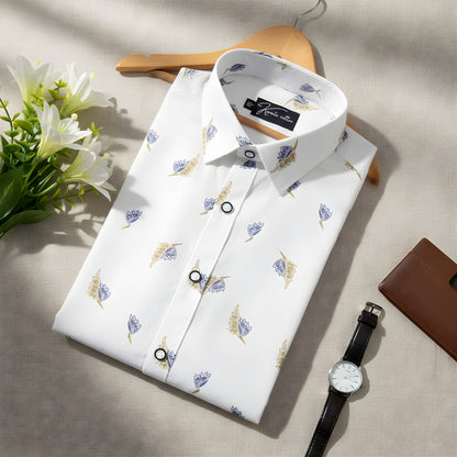Turkey Linen White With Blue Yellow Print Shirts For Men