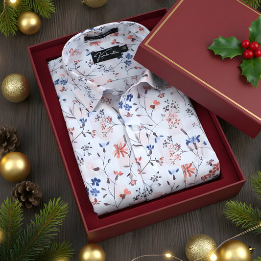 Italian Linen White With Red Blue Mix Printed Shirts