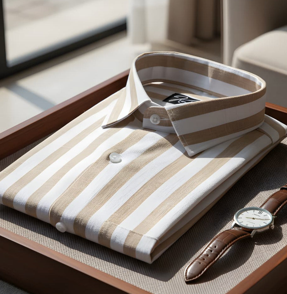 Linen White With Brown Patta Print Shirts for Men