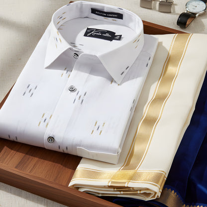Linen Butta White With Three Lines Printed Shirts For Men