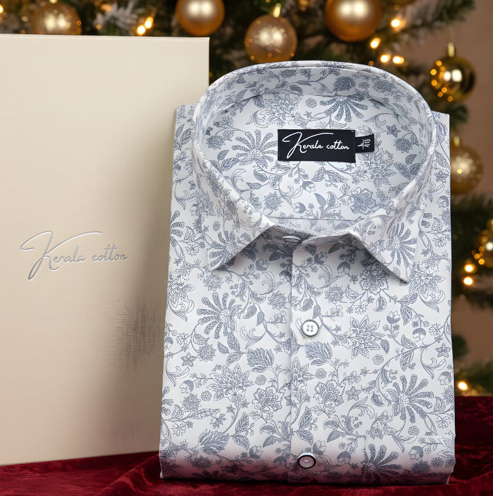 Gloster Cotton Cream with Grey flower Print Shirts for Men