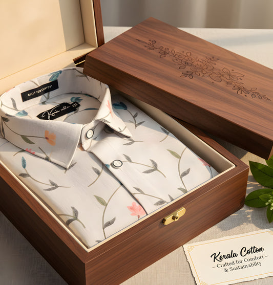 New Italian Linen Cream With Rama Pink Flower Print Shirts