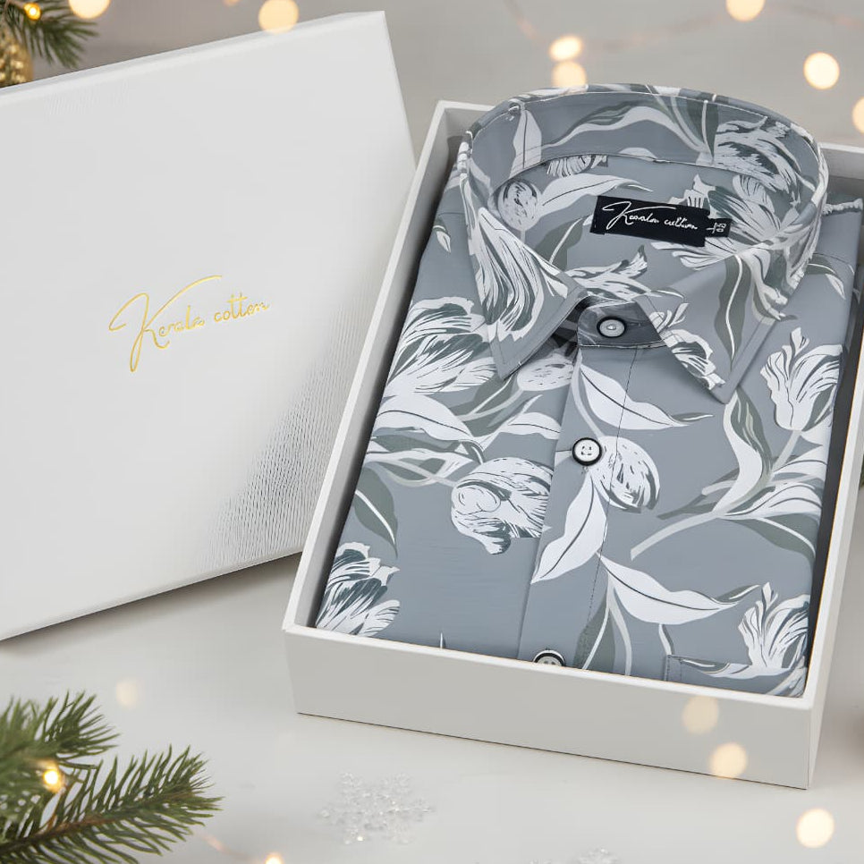 Fancy Melange Dark Grey with White flower Print Shirts for Men