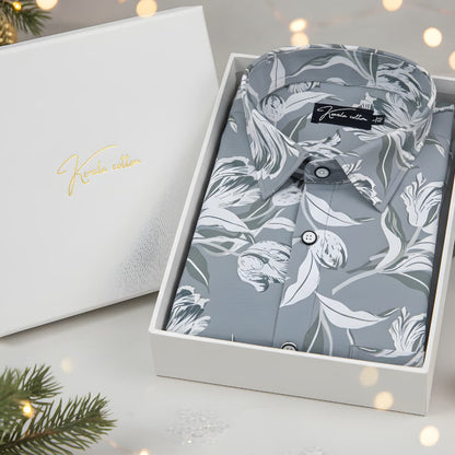 Fancy Melange Dark Grey with White flower Print Shirts for Men