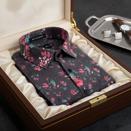 New Italian Linen Black With Red Flower Print Shirts