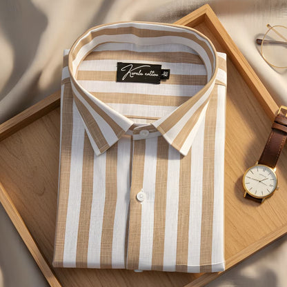 Linen White With Brown Patta Print Shirts for Men