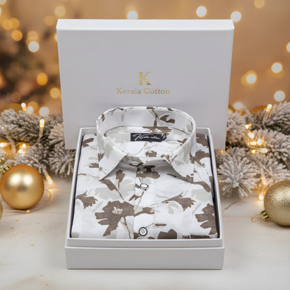 Sidney Linen White with Brown flower Print Shirts for Men