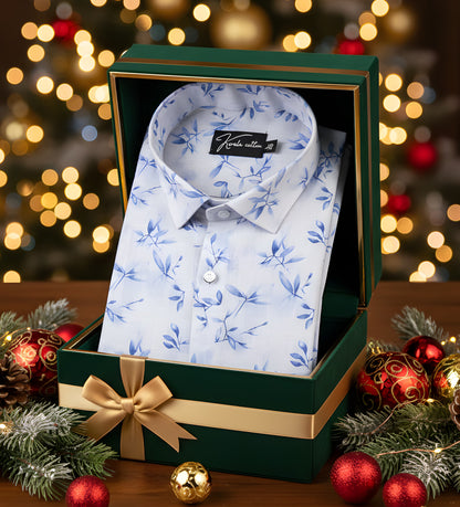 Italian linen white with blue batel print