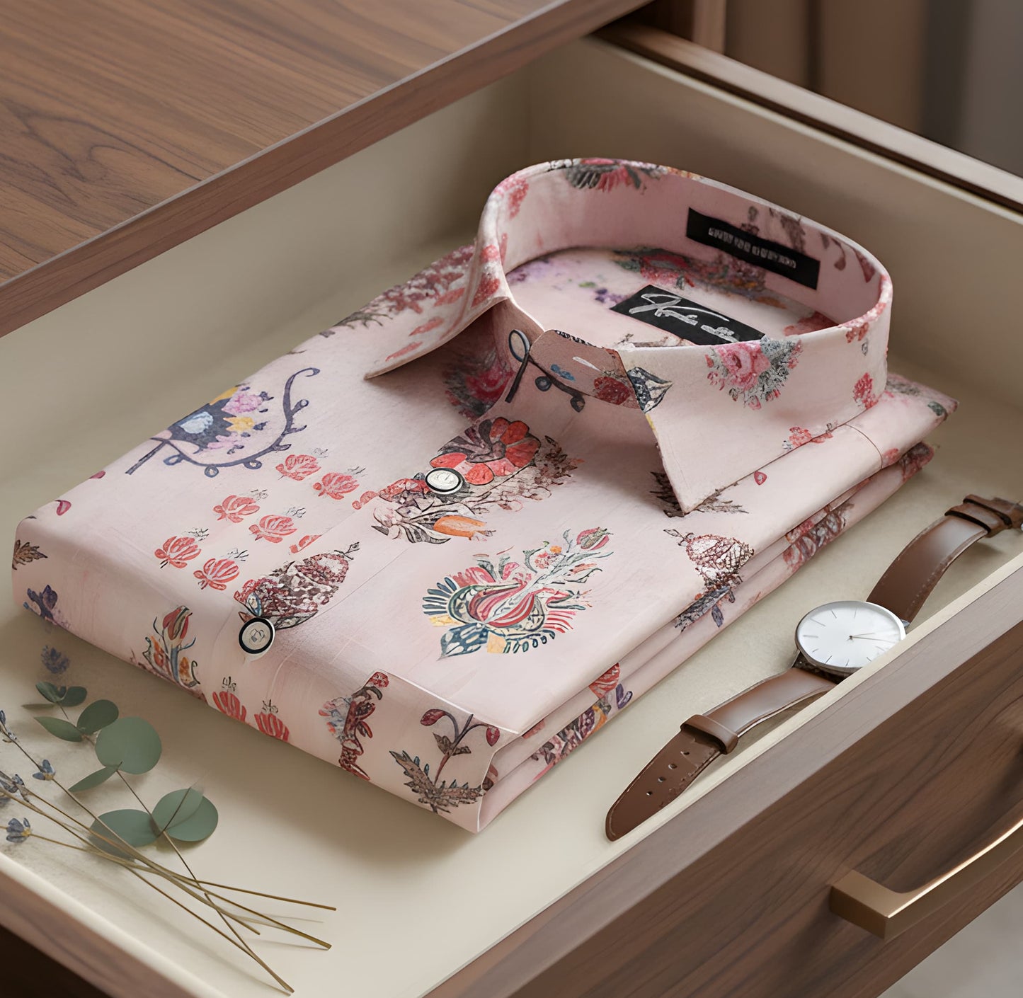 New Italian Linen Light Marrun With Dark Multicolour Flower Print Shirts
