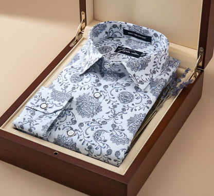 New Italian Linen White With Grey French Print Shirts For Men