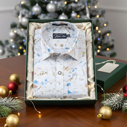Italian Linen White With New Sky Mahendi Print Shirts For Men