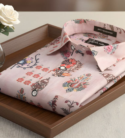 New Italian Linen Light Marrun With Dark Multicolour Flower Print Shirts
