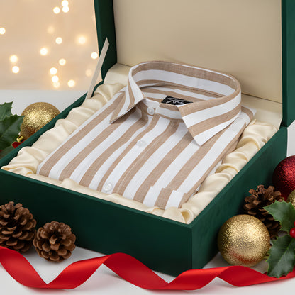 Linen White With Brown Patta Print Shirts for Men