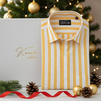 Linen White With Yellow Patta Print Shirts For Men