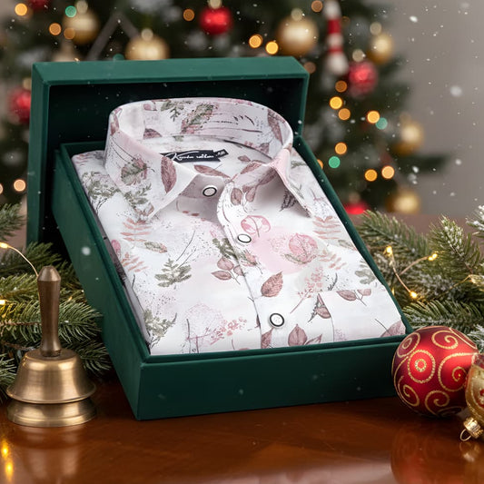 Italian Linen White With Marrun Green Mix Printed Shirts