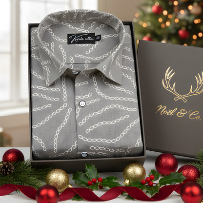 Linen Gray with Cream Chain Print Shirts for Men