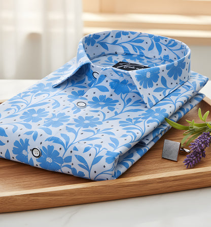 Digital White with Sky Blue Flower Print Shirts for Men