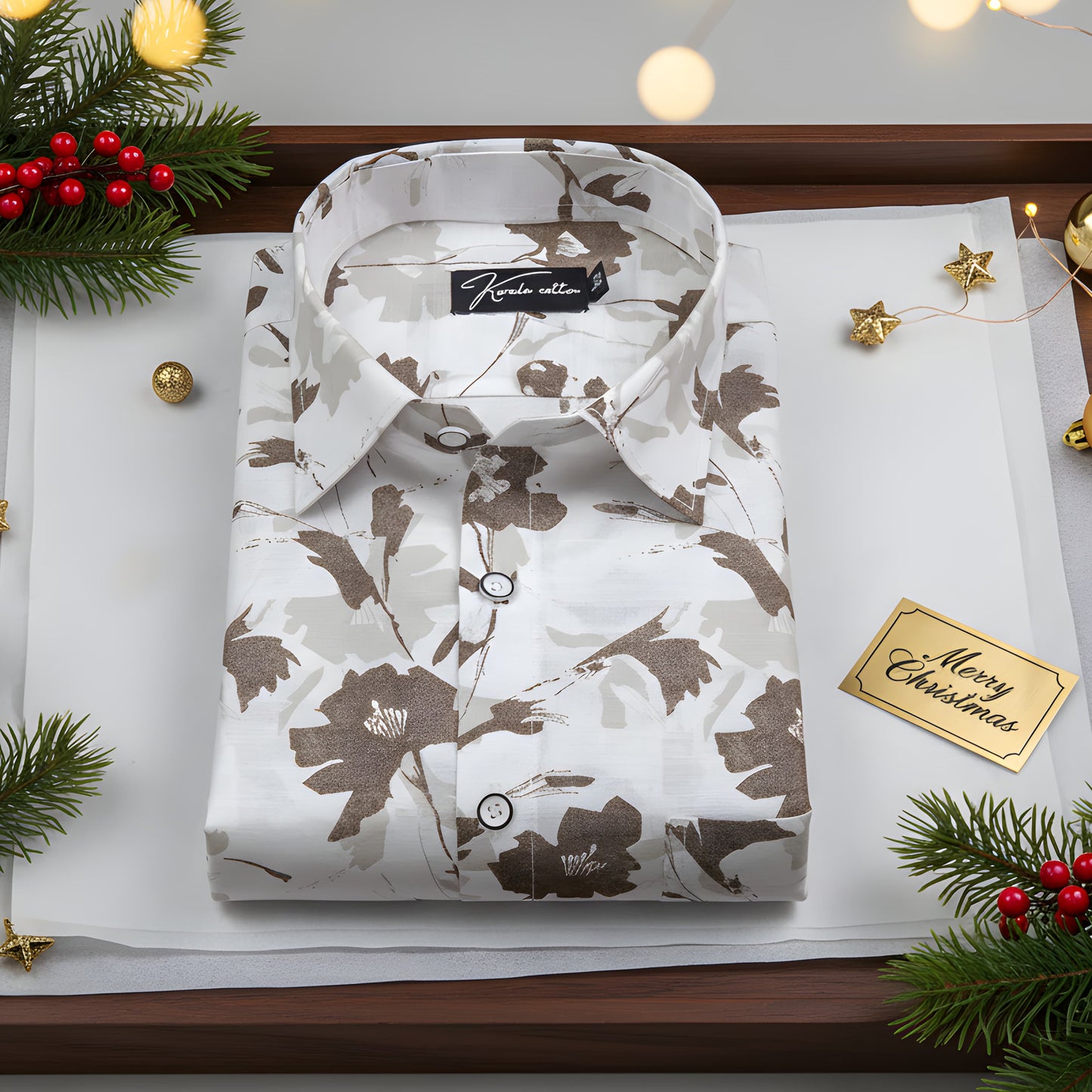 Sidney Linen White with Brown flower Print Shirts for Men