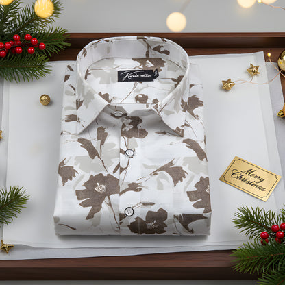Sidney Linen White with Brown flower Print Shirts for Men