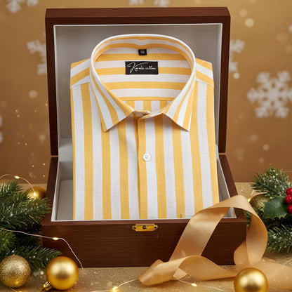 Linen White With Yellow Patta Print Shirts For Men