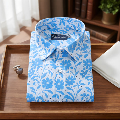 Digital White with Sky Blue Flower Print Shirts for Men