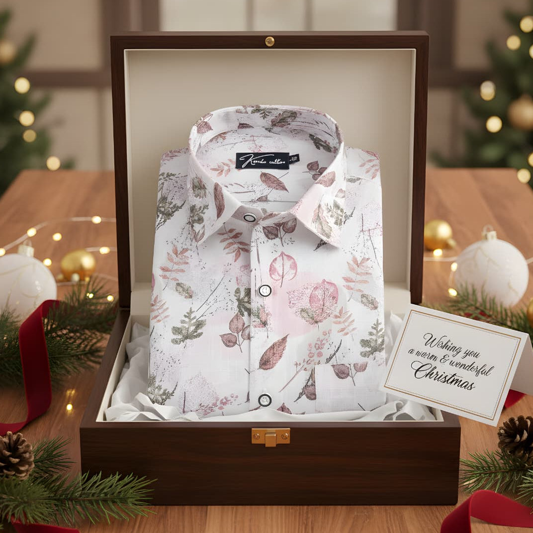 Italian Linen White With Marrun Green Mix Printed Shirts